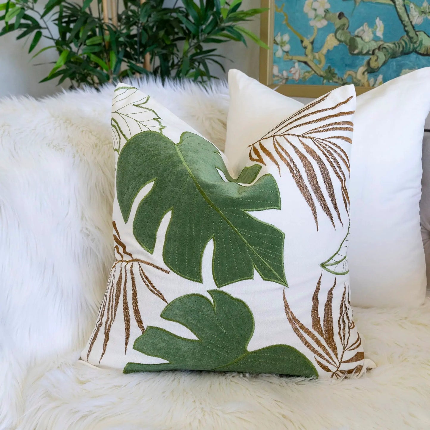 Autumn Vibes Leaf Accent Pillow with green leaf print on white fabric by Unique Piece Furniture on Tampa Home & Garden Store