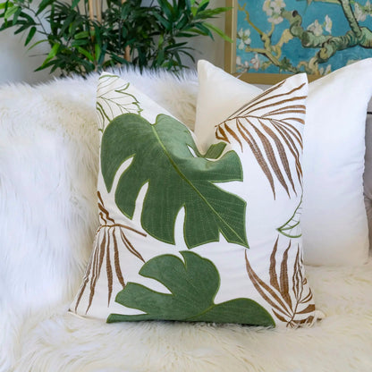 Autumn Vibes Leaf Accent Pillow with green leaf print on white fabric by Unique Piece Furniture on Tampa Home & Garden Store