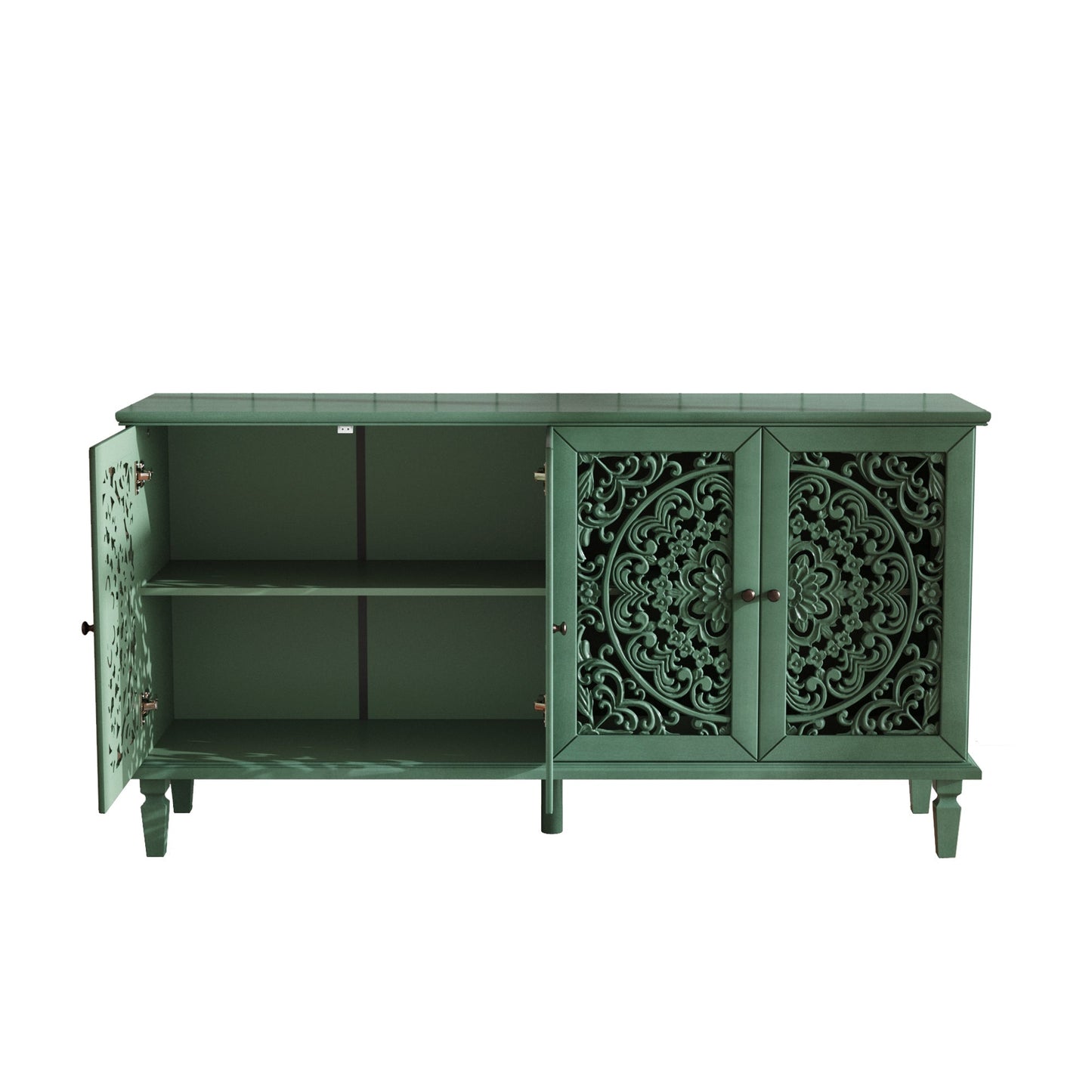 60-inch antique buffet cabinet in green with floral carvings and ornate metal lattice doors on Tampa Home & Garden Store