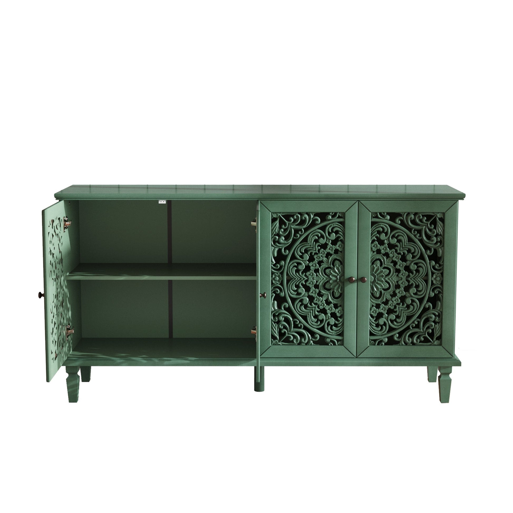 60-inch antique buffet cabinet in green with floral carvings and ornate metal lattice doors on Tampa Home & Garden Store