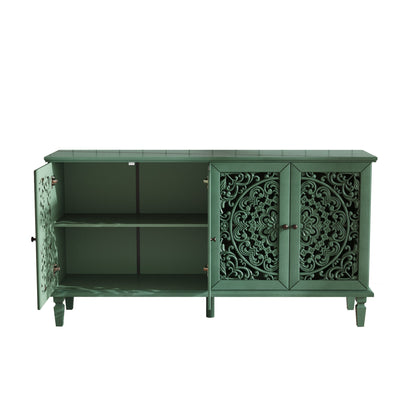 60-inch antique buffet cabinet in green with floral carvings and ornate metal lattice doors on Tampa Home & Garden Store