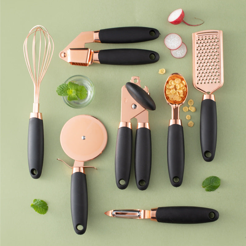 Perfecsy copper-plated kitchen utensil set with black handles whisk peelers grater pizza cutter on Tampa Home & Garden Store