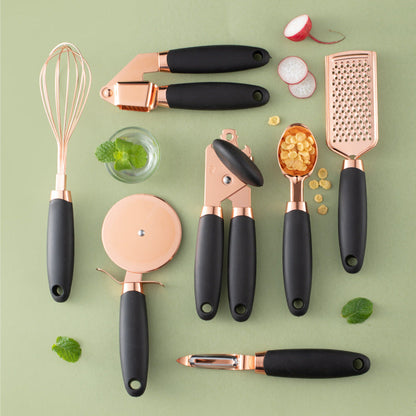 Perfecsy copper-plated kitchen utensil set with black handles whisk peelers grater pizza cutter on Tampa Home & Garden Store