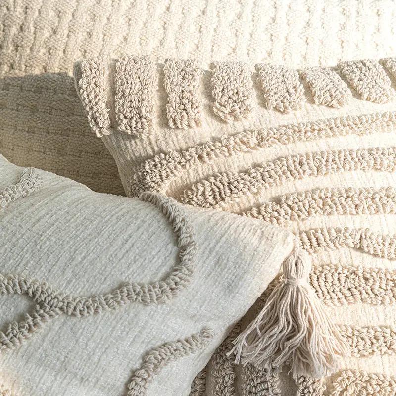 Cream sofa throw pillowcase with 3D embroidery and tassel trim on Tampa Home & Garden Store