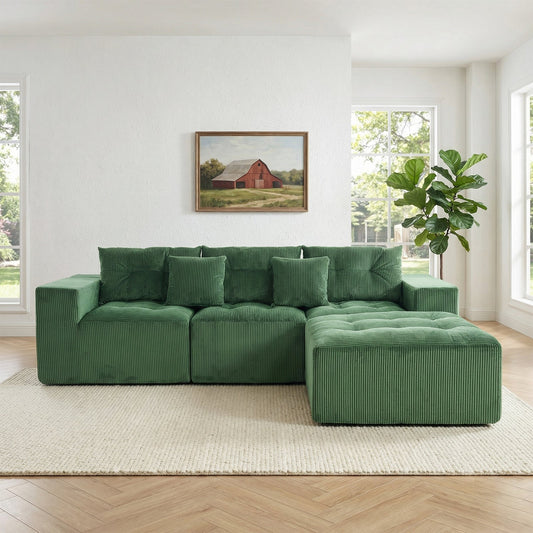 101-inch L-shaped modular compression sofa by HouseOfZazla in green corduroy with ottoman, on Tampa Home & Garden Store
