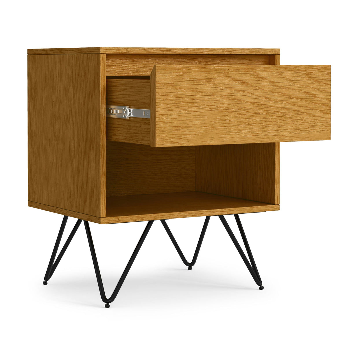 Hunter nightstand with wood veneer in light brown by HouseOfZazla, open drawer and hairpin legs on Tampa Home & Garden Store