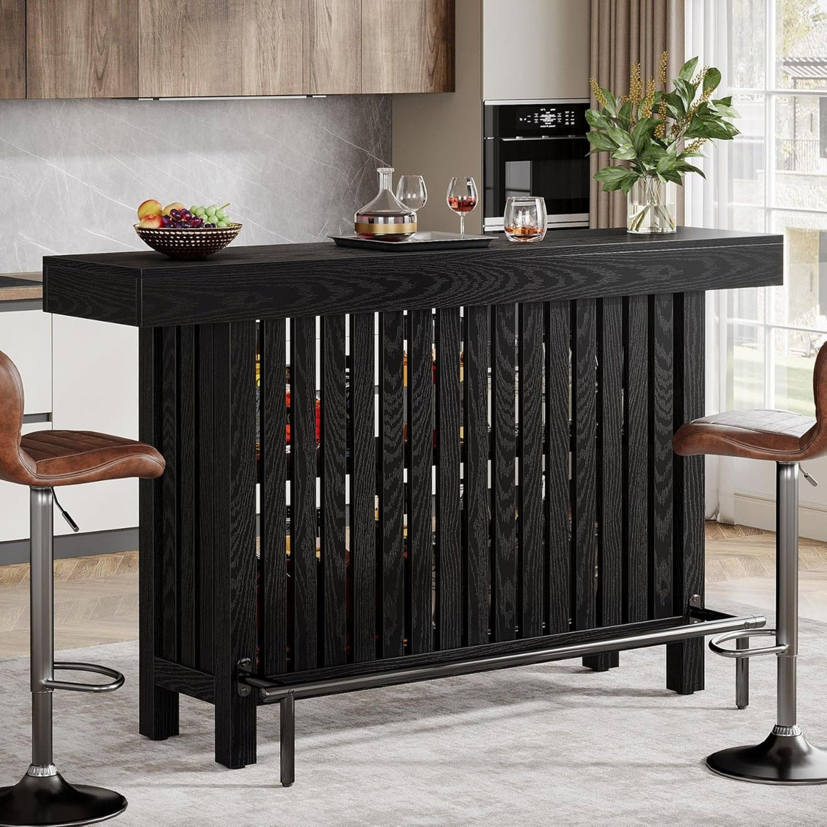 2 Tier Mini Bar Table black wood grain with slatted panels by HouseOfZazla for kitchen on Tampa Home & Garden Store
