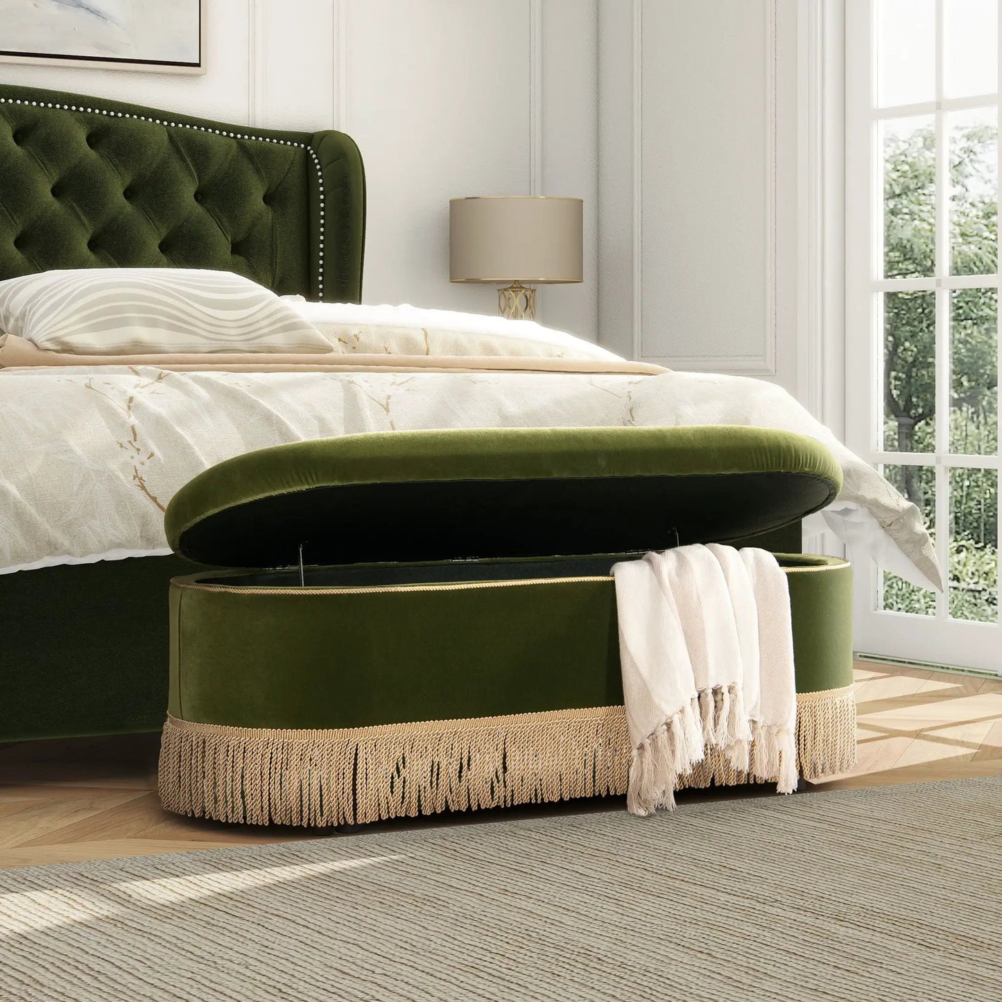 Melinda Oval Tufted Bullion Fringe Storage Bench