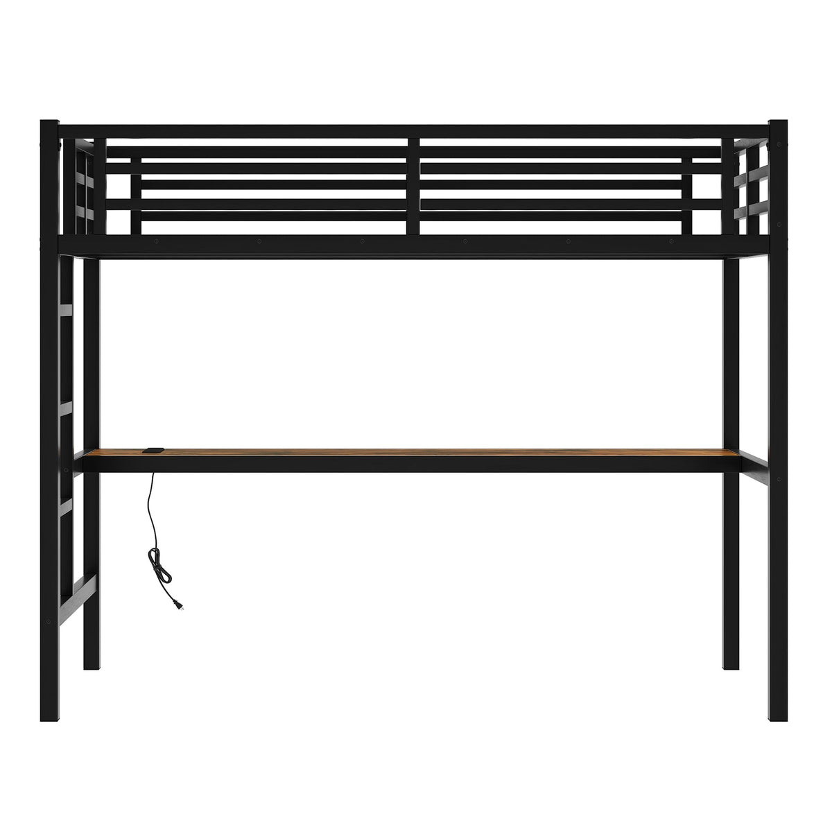 Twin XL loft bed in black metal with built-in desk underneath and visible power cord on Tampa Home & Garden Store