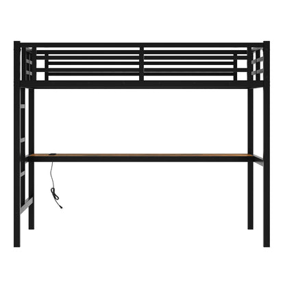 Twin XL loft bed in black metal with built-in desk underneath and visible power cord on Tampa Home & Garden Store