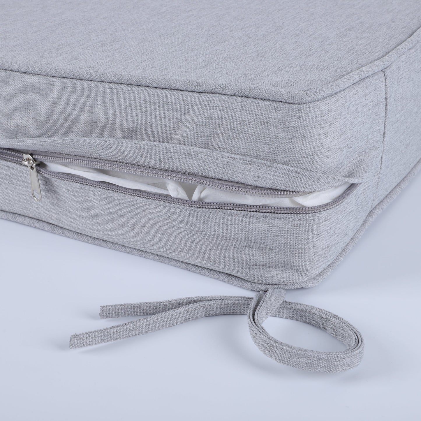 24x24 inch outdoor deep seat cushion set in gray woven fabric with zippers and ties on Tampa Home & Garden Store
