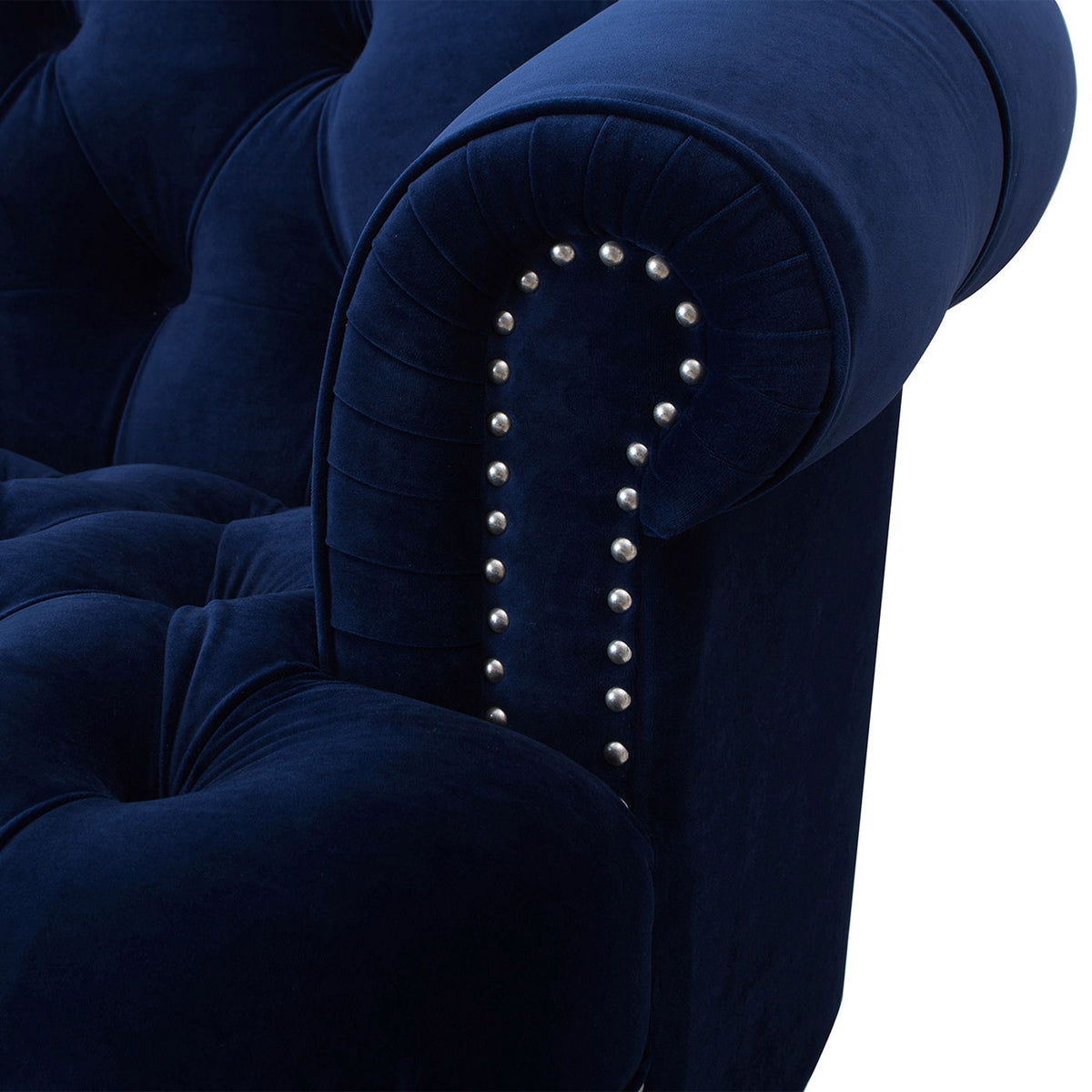 Victorian tufted accent chair in deep blue velvet with rolled arms and silver nailhead trim on Tampa Home & Garden Store
