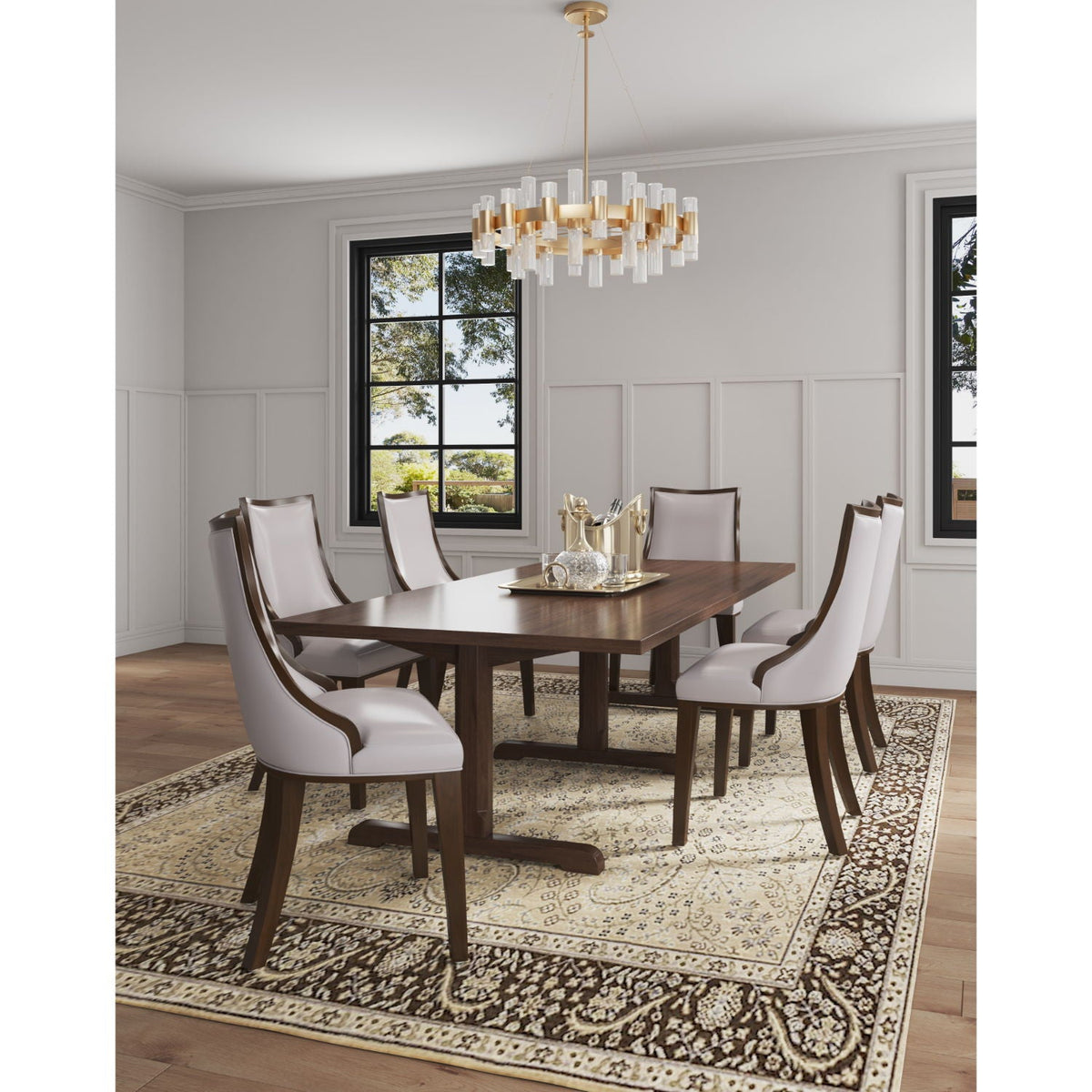 Six grand dining chairs with beech wood frames and beige-gray upholstery around dark table on Tampa Home & Garden Store