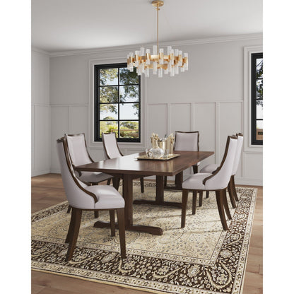 Six grand dining chairs with beech wood frames and beige-gray upholstery around dark table on Tampa Home & Garden Store