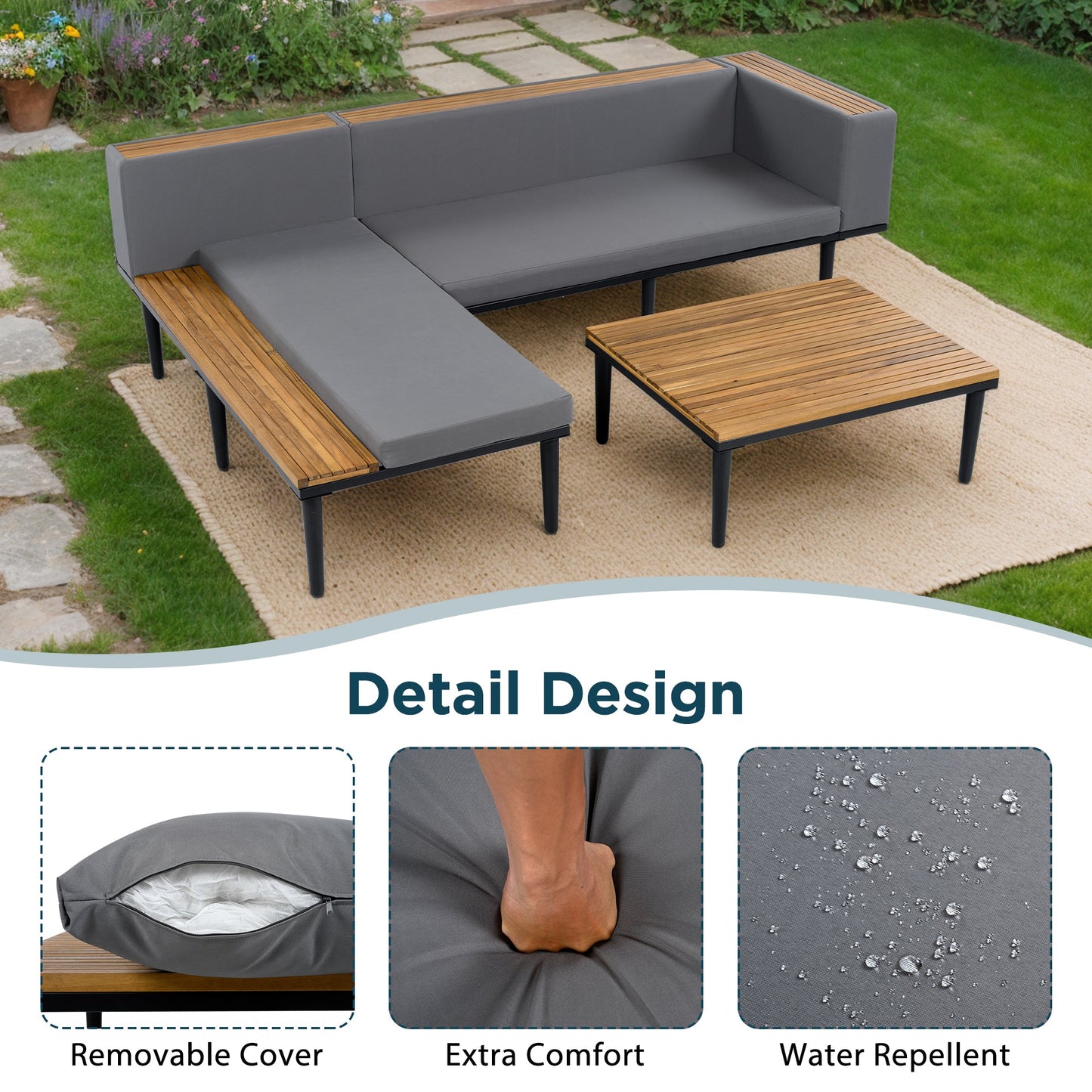 L Shaped Acacia Wood Outdoor Patio Sofa and Table