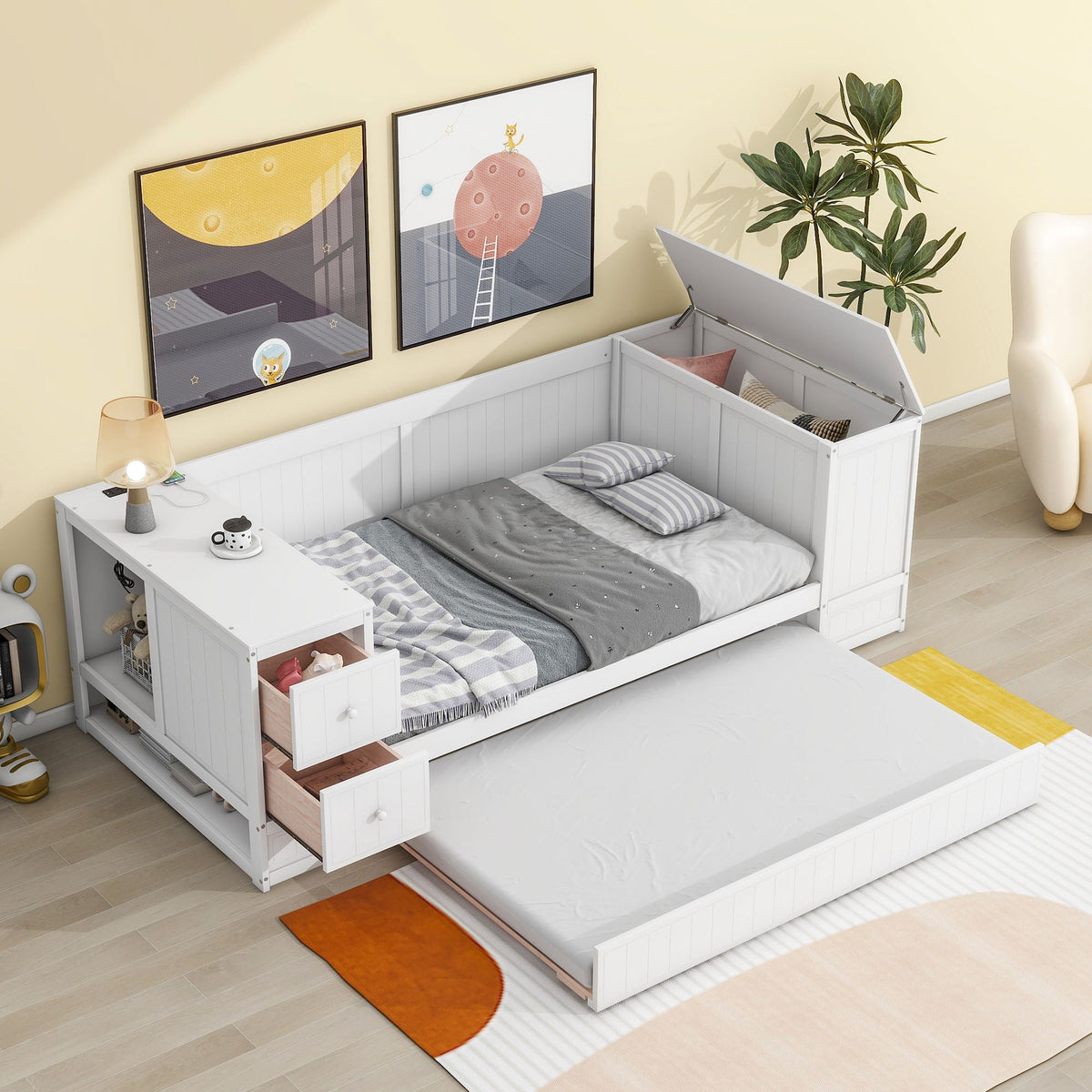 Daybed with storage arms and trundle, white with gray bedding and drawers on Tampa Home & Garden Store