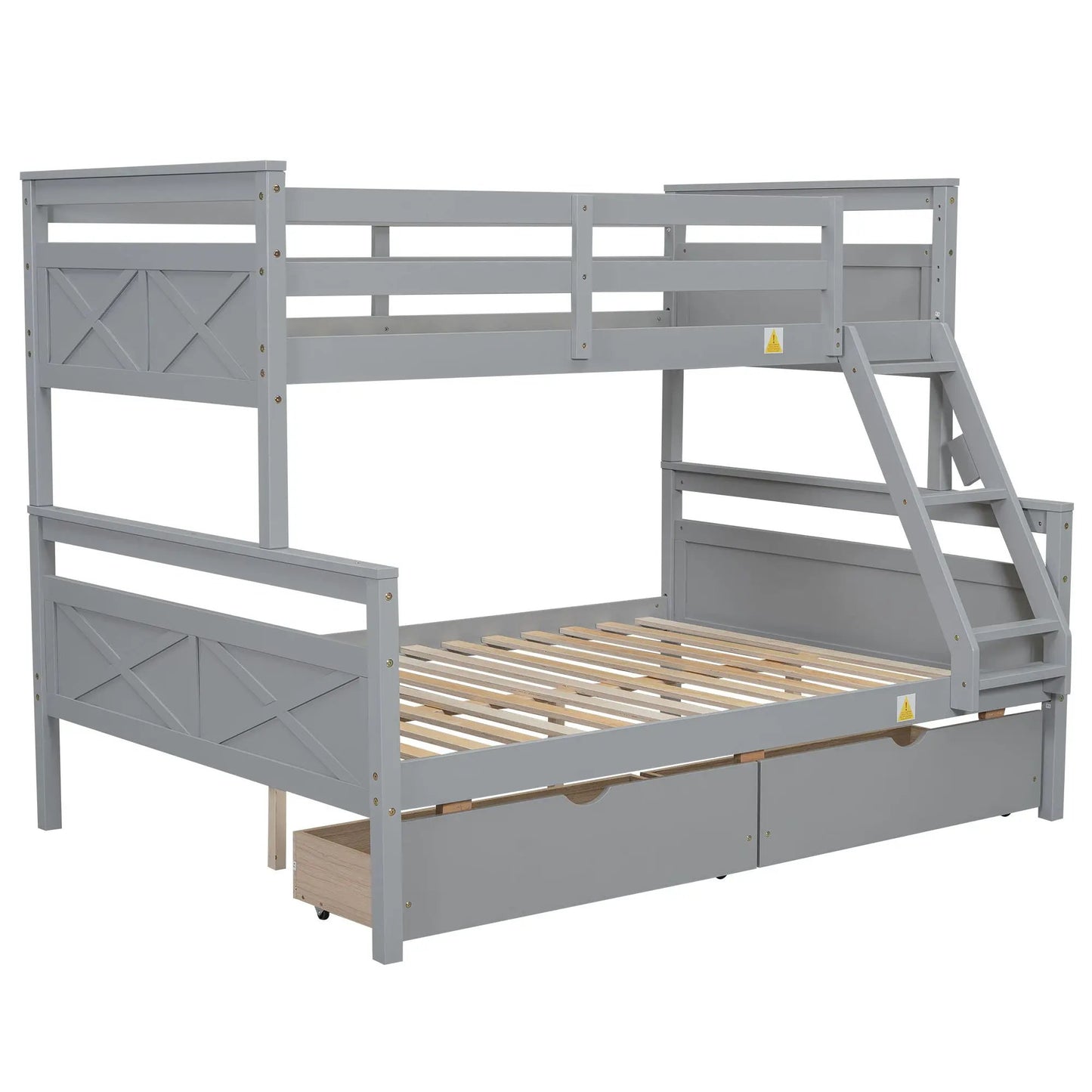 Bunk bed with ladder and safety guardrail in gray wood, top rail and lower bunk with slats on Tampa Home & Garden Store