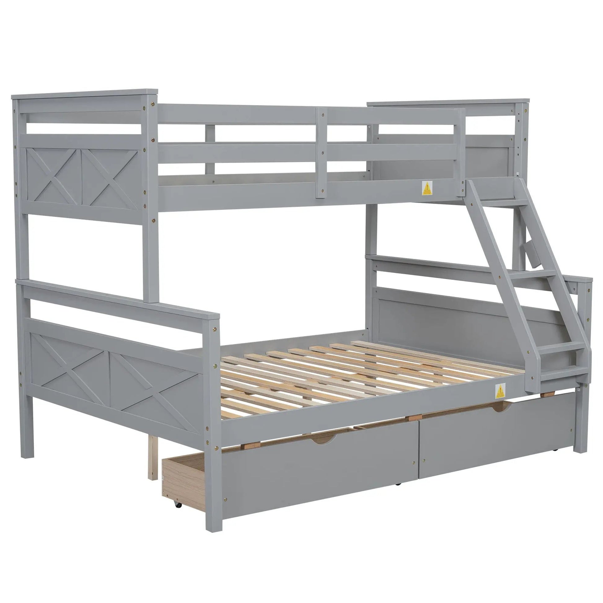 Bunk bed with ladder and safety guardrail in gray wood, top rail and lower bunk with slats on Tampa Home & Garden Store
