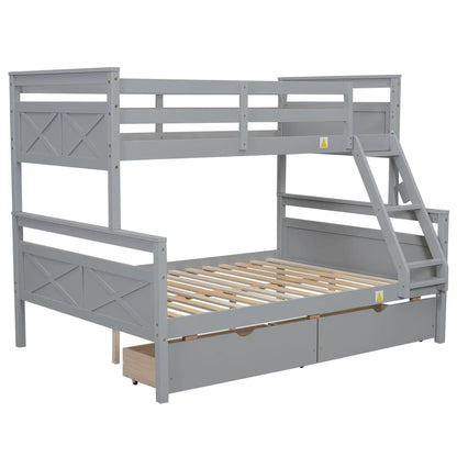 Bunk bed with ladder and safety guardrail in gray wood, top rail and lower bunk with slats on Tampa Home & Garden Store