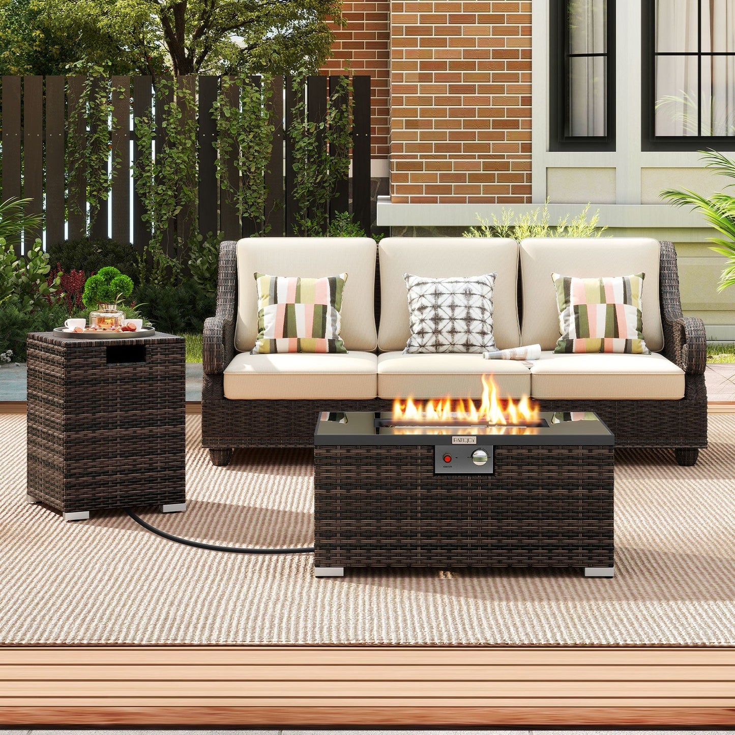 LJGDeals 2-Piece rattan fire table set with 32-inch gas fire pit and beige cushions on Tampa Home & Garden Store