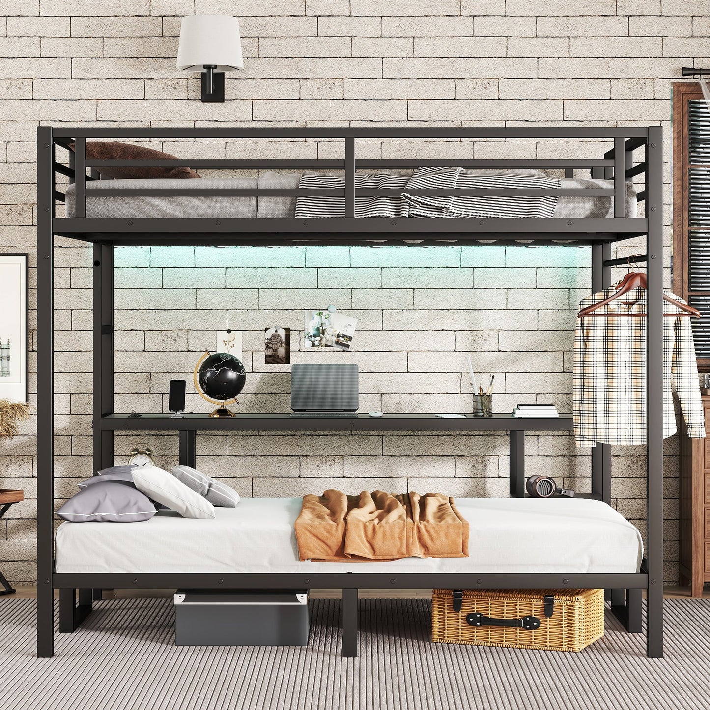 Queen over Twin XL metal bunk bed with built-in desk and shelves in black powder-coated frame on Tampa Home & Garden Store