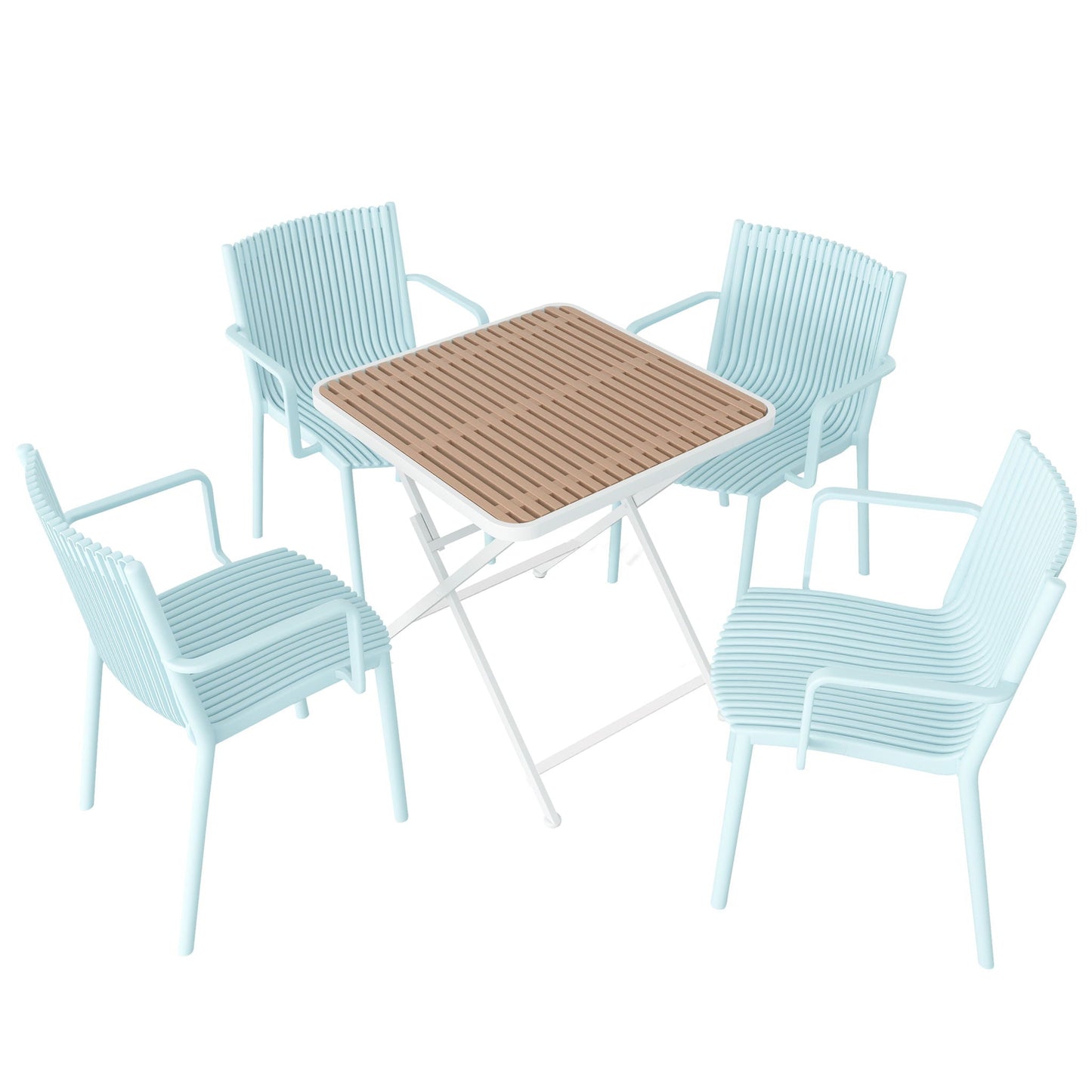 5-piece outdoor set with 4 light blue stackable plastic chairs and tan table HouseOfZazla on Tampa Home & Garden Store