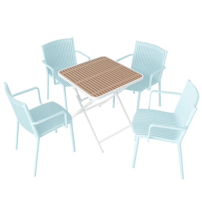 5-piece outdoor set with 4 light blue stackable plastic chairs and tan table HouseOfZazla on Tampa Home & Garden Store