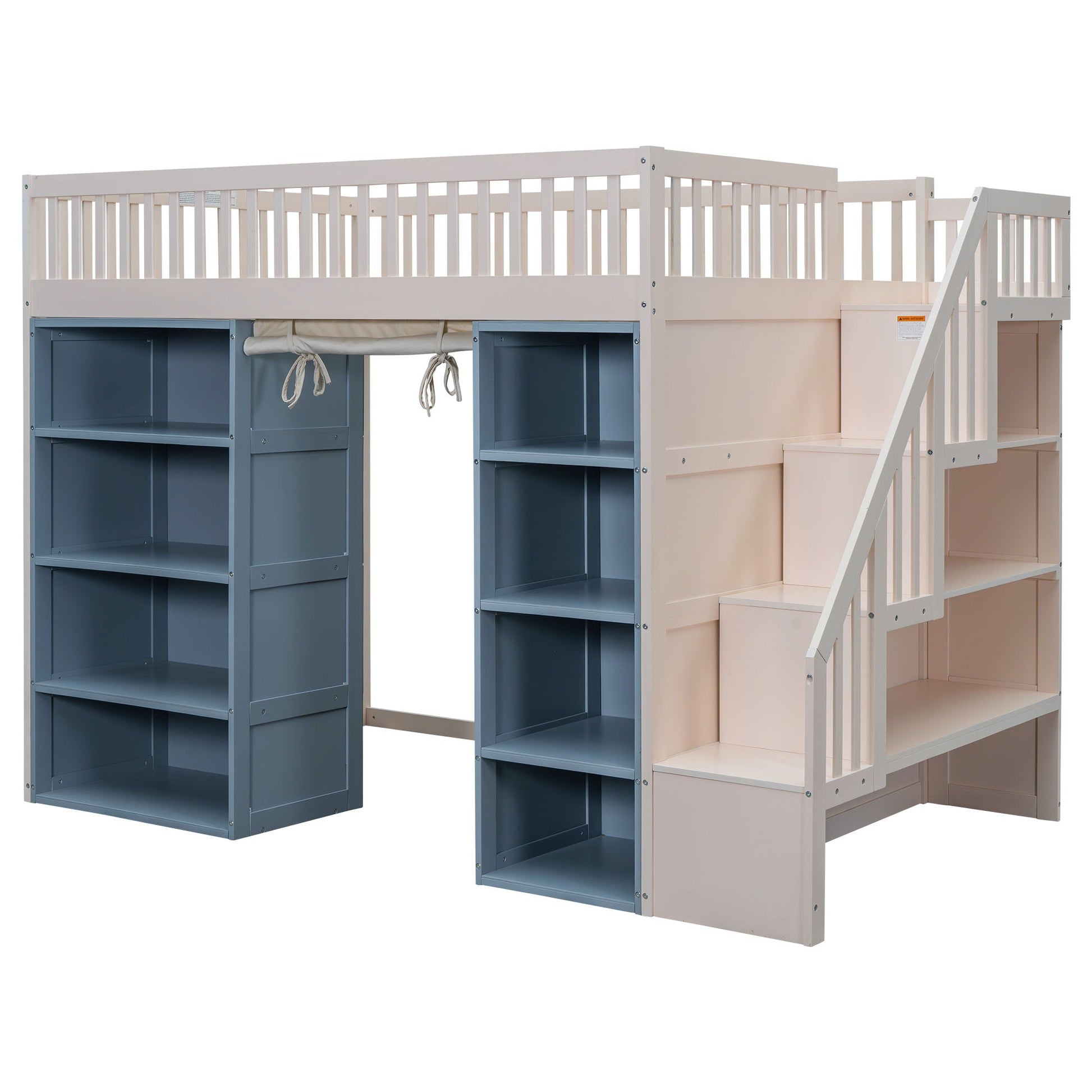 White full loft bed with built-in staircase, privacy curtain, and two four-layer storage cabinets on Tampa Home & Garden Store