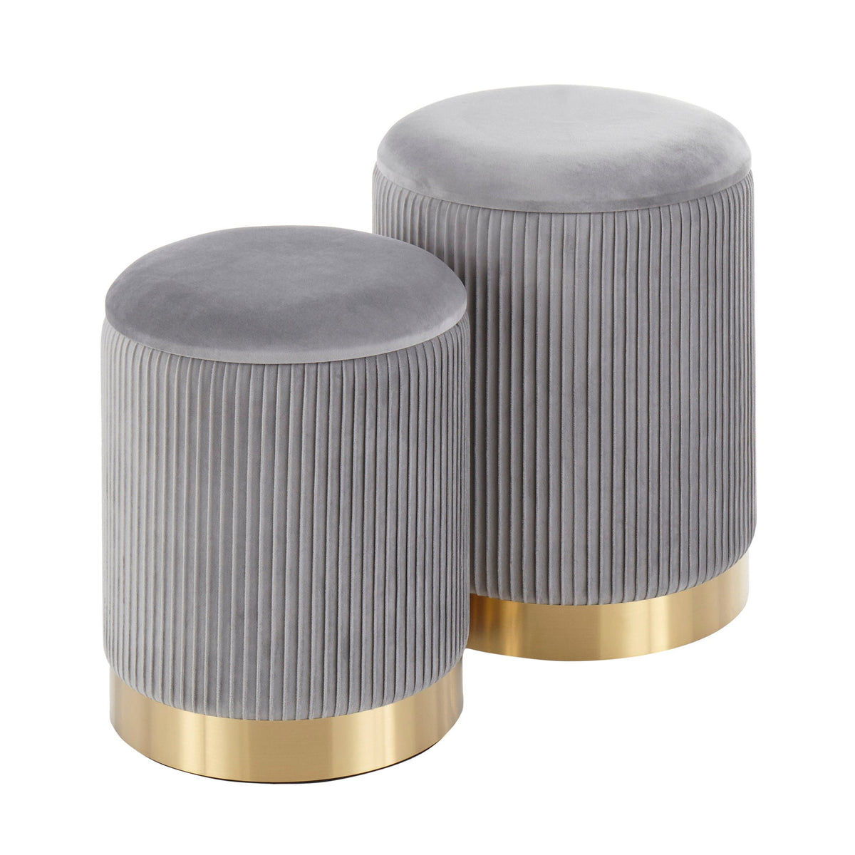 Contemporary nesting pleated ottoman set of three in gray velvet with gold bases HouseOfZazla on Tampa Home & Garden Store
