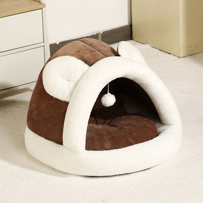 Pet Tent Cave Bed Sell My Stuff plush brown and white with arch entrance and pom pom on Tampa Home & Garden Store