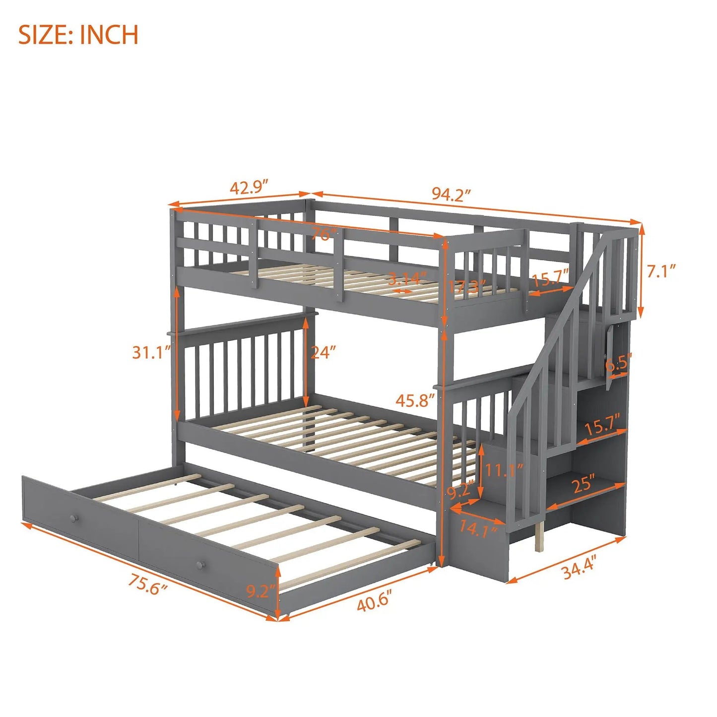 Stairway Bunk Bed with Storage and Guard Rail