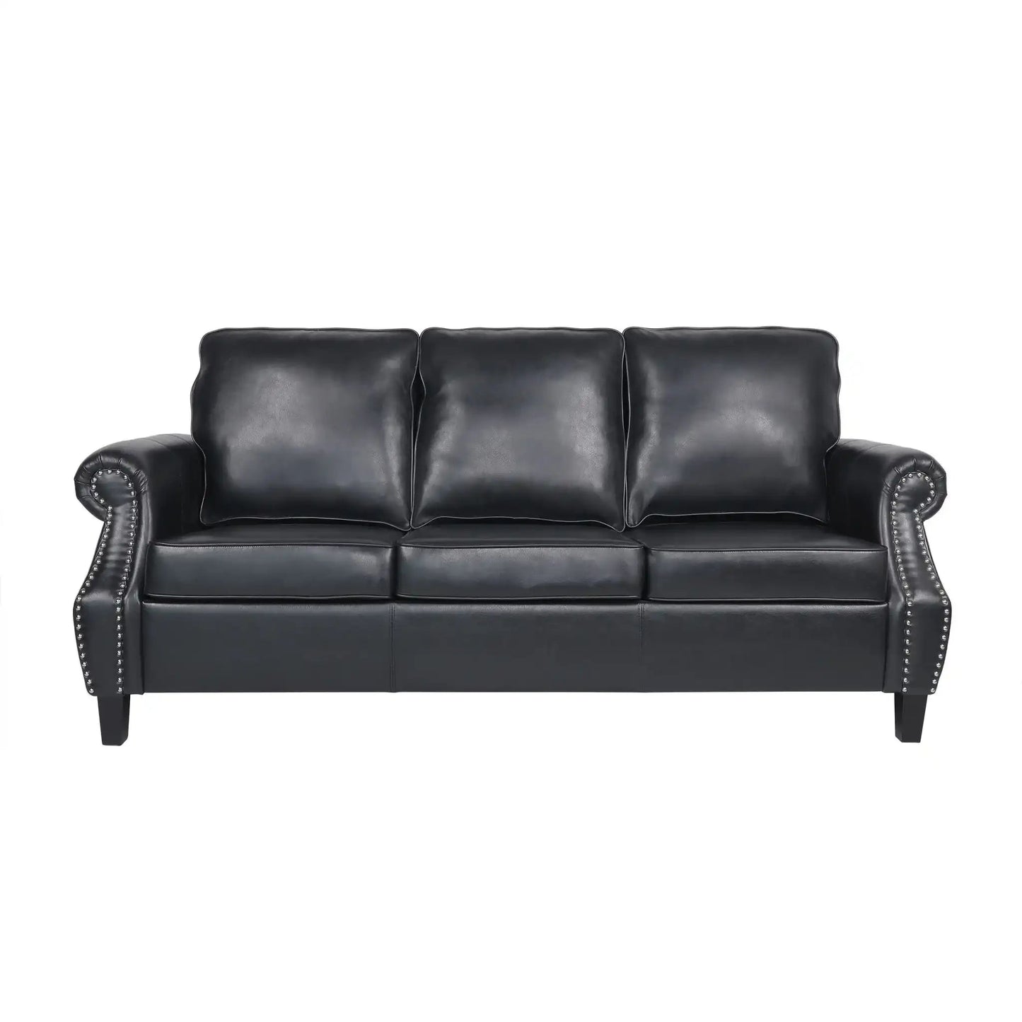 Contemporary 3 Seater Sofa With Nailhead Trim, black leather, studded rolled arms on Tampa Home & Garden Store