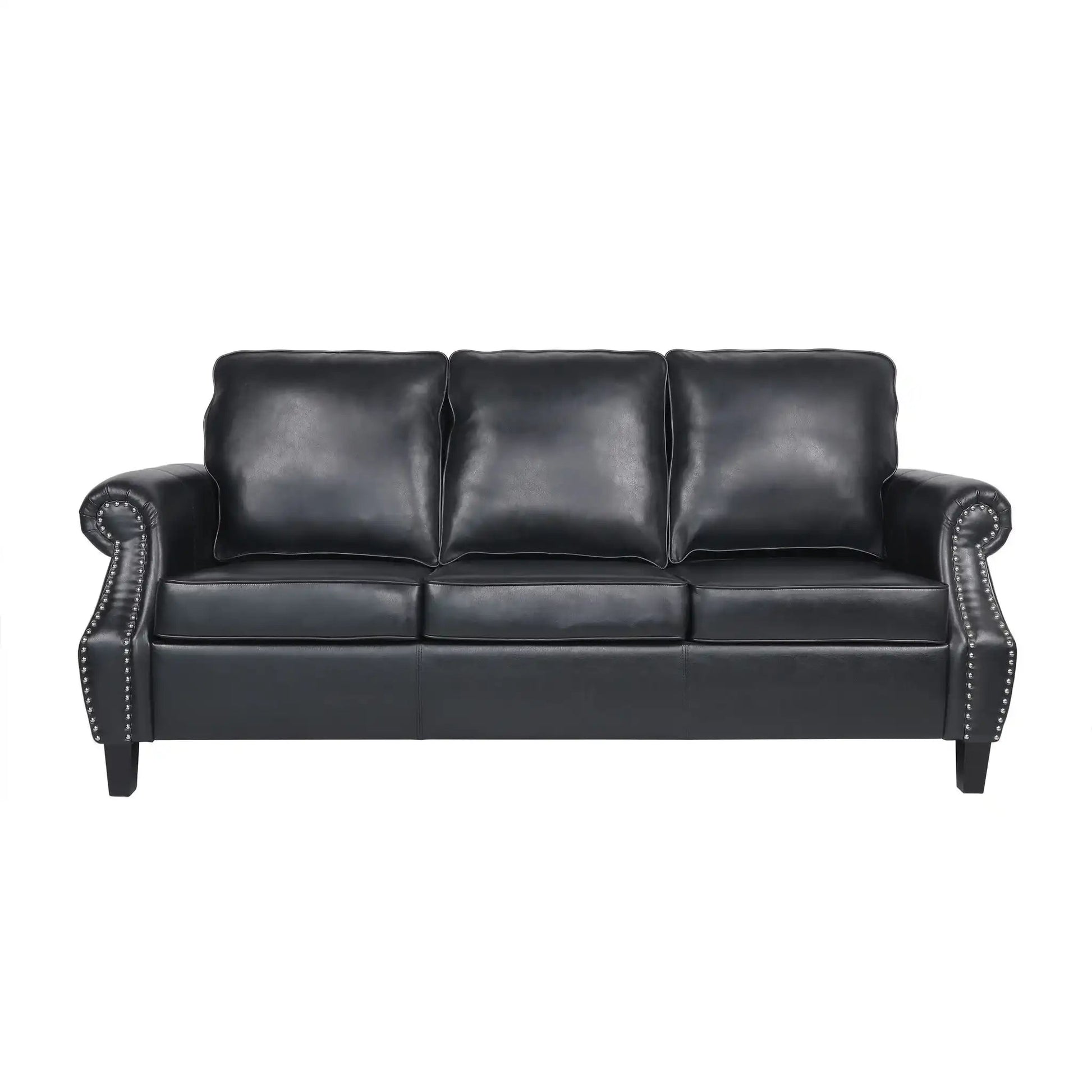 Contemporary 3 Seater Sofa With Nailhead Trim, black leather, studded rolled arms on Tampa Home & Garden Store