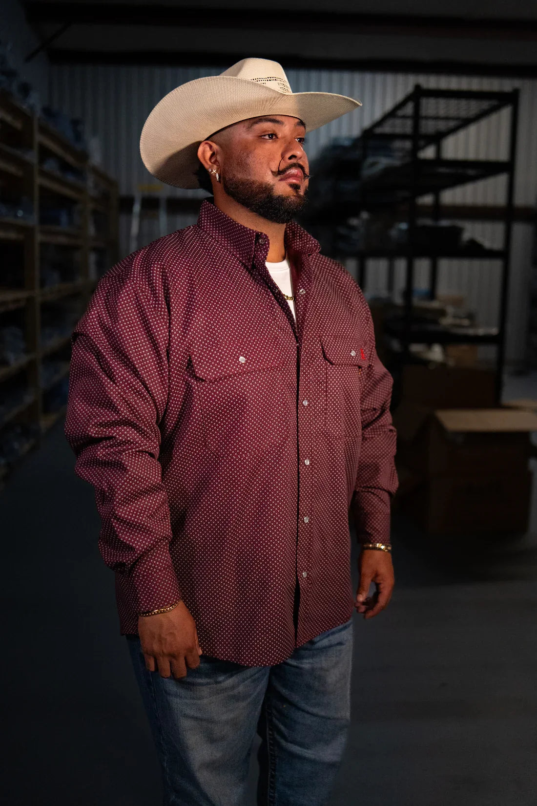 FR Pearl Snap Work Shirt Rustline by Static FR maroon dotted pattern with chest pockets on Tampa Home & Garden Store