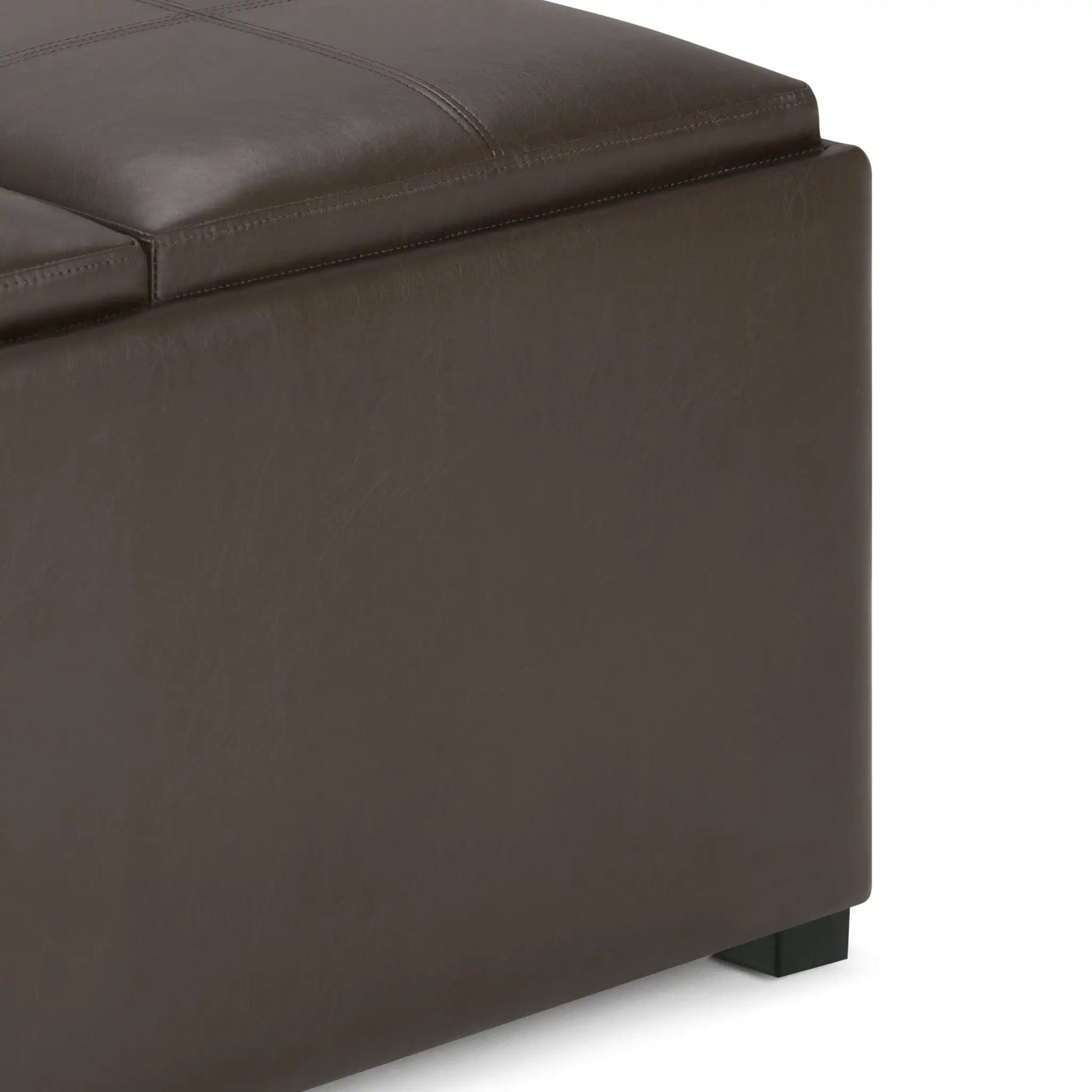 Avalon Square Coffee Table Storage Ottoman dark brown leather with stitching and leg on Tampa Home & Garden Store