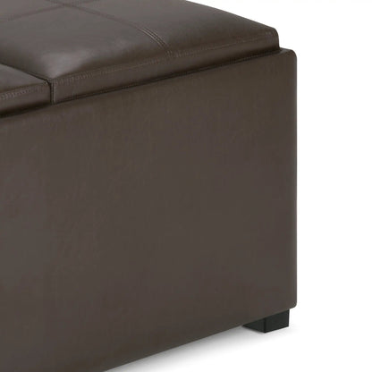 Avalon Square Coffee Table Storage Ottoman dark brown leather with stitching and leg on Tampa Home & Garden Store