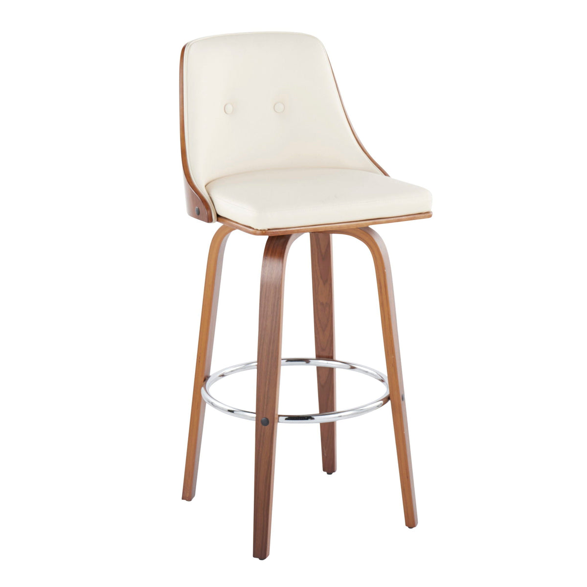 Mid-Century Modern Swivel Barstool with cream upholstery, wood frame, chrome footrest on Tampa Home & Garden Store