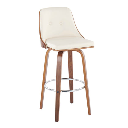 Mid-Century Modern Swivel Barstool with cream upholstery, wood frame, chrome footrest on Tampa Home & Garden Store