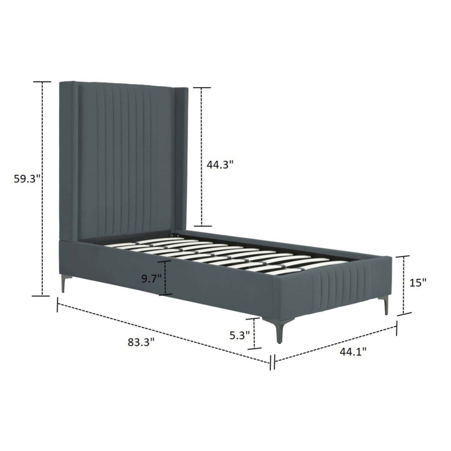 Promenade upholstered bed with tall gray-blue headboard and slatted base by HouseOfZazla on Tampa Home & Garden Store