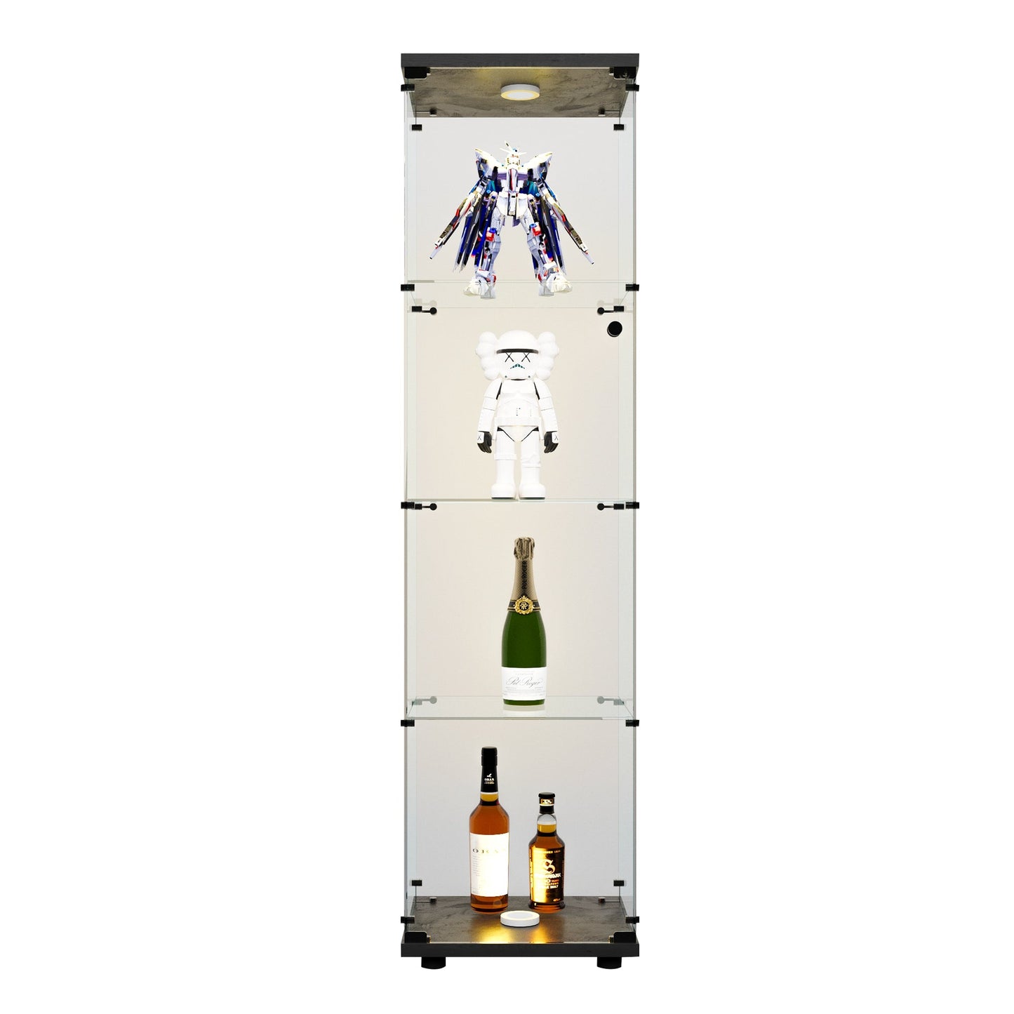 4 LED light glass display cabinets with door shelves, floor standing antique bookshelf, 64.7 "* 16.7" * 14.3 ", black - Tampa Home & Garden Store