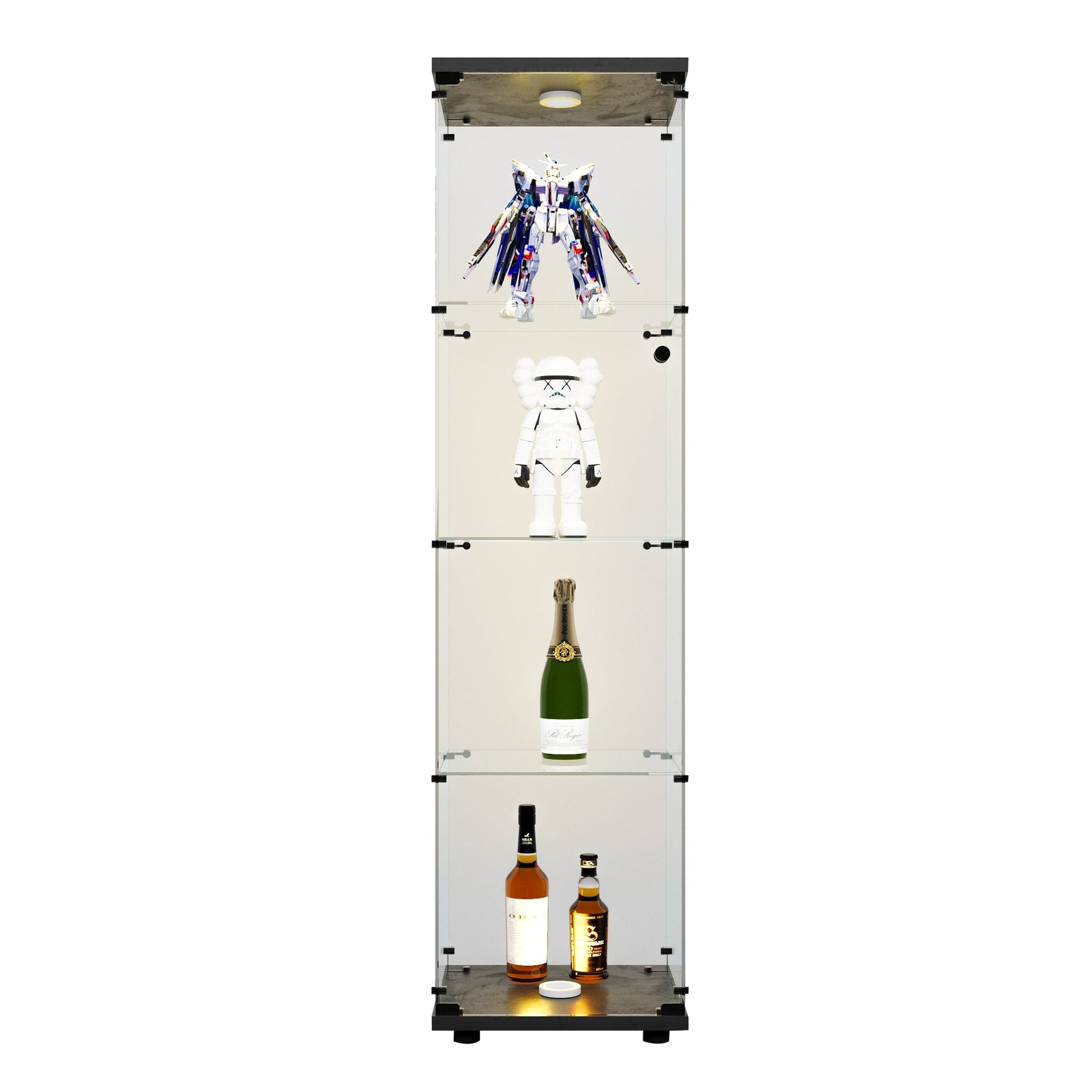 4 LED light glass display cabinets with door shelves, floor standing antique bookshelf, 64.7 "* 16.7" * 14.3 ", black - Tampa Home & Garden Store