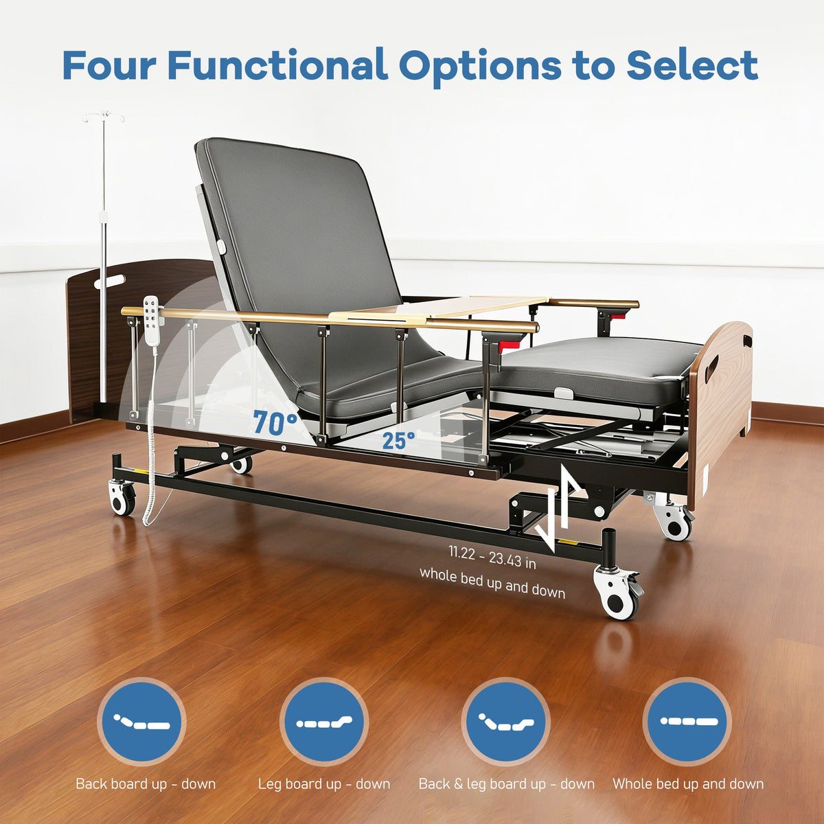 Electric Hospital Bed for Home Care by HouseOfZazla, gray mattress with wood end panels on Tampa Home & Garden Store