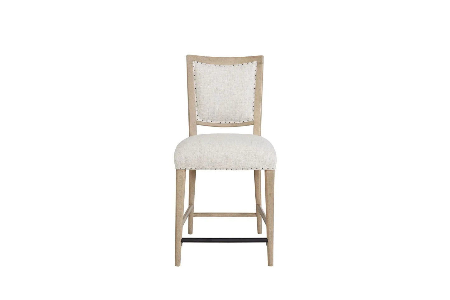 Counter stool sand color with beige upholstered back and seat, light wood frame on Tampa Home & Garden Store