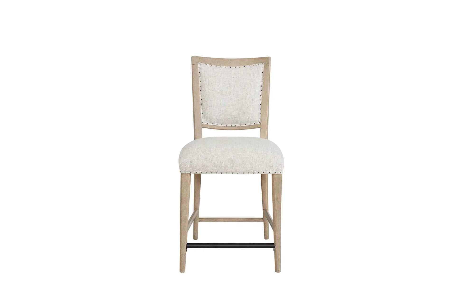 Counter stool sand color with beige upholstered back and seat, light wood frame on Tampa Home & Garden Store