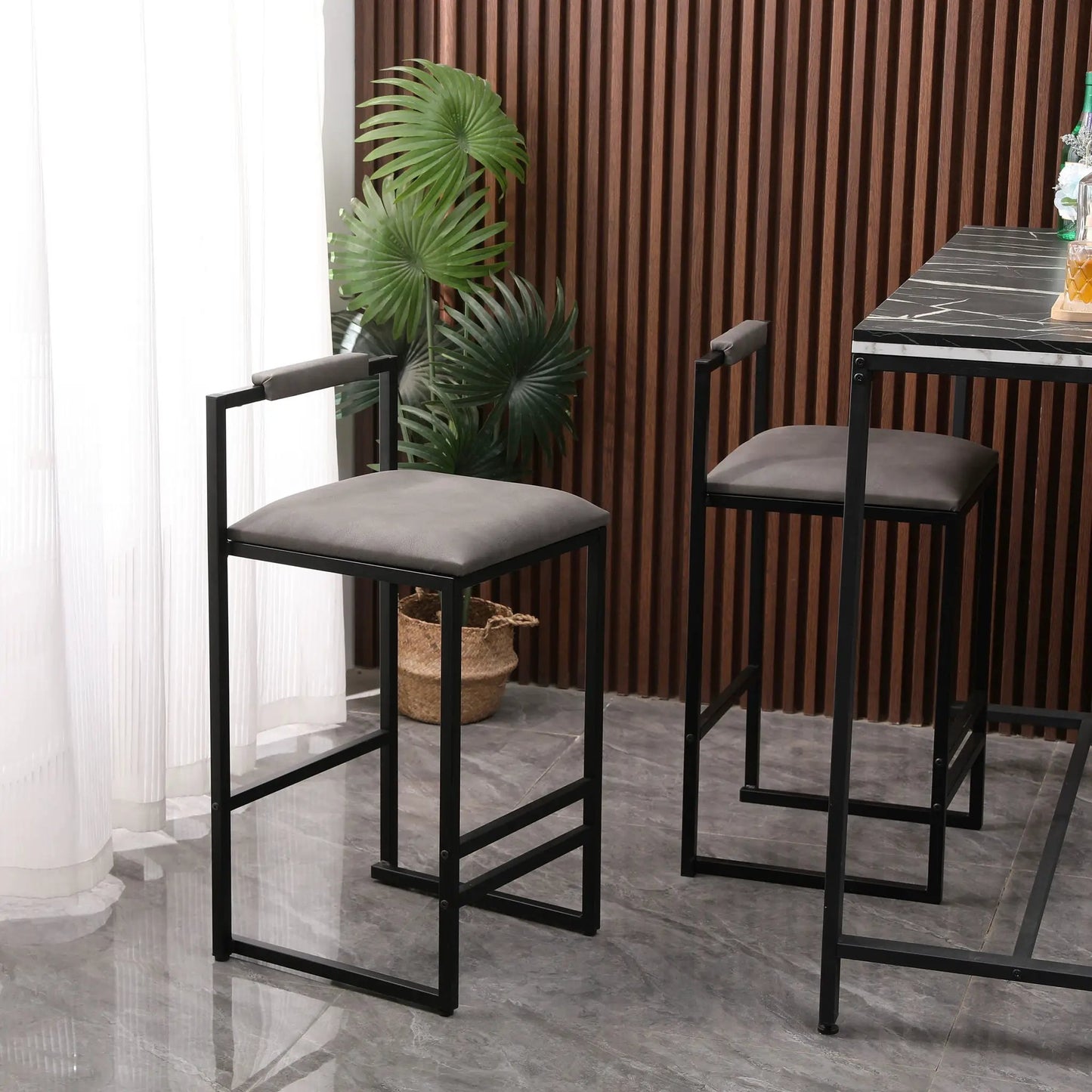 Bar stool set, counter-height, black metal frames with gray cushions and footrests (set of 2) on Tampa Home & Garden Store