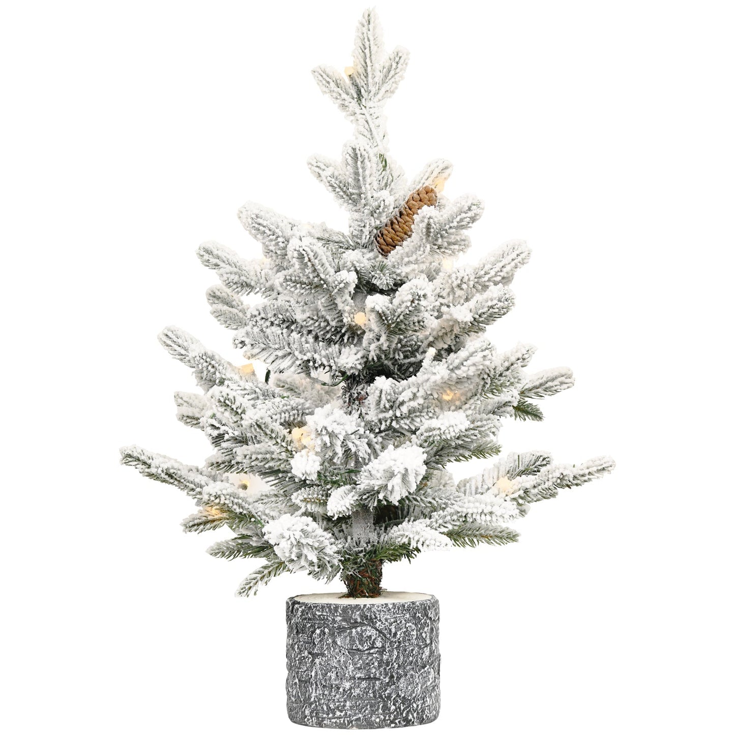 2ft flocked Christmas tree with stone pot base, snowy needles and pine cones by HouseOfZazla on Tampa Home & Garden Store