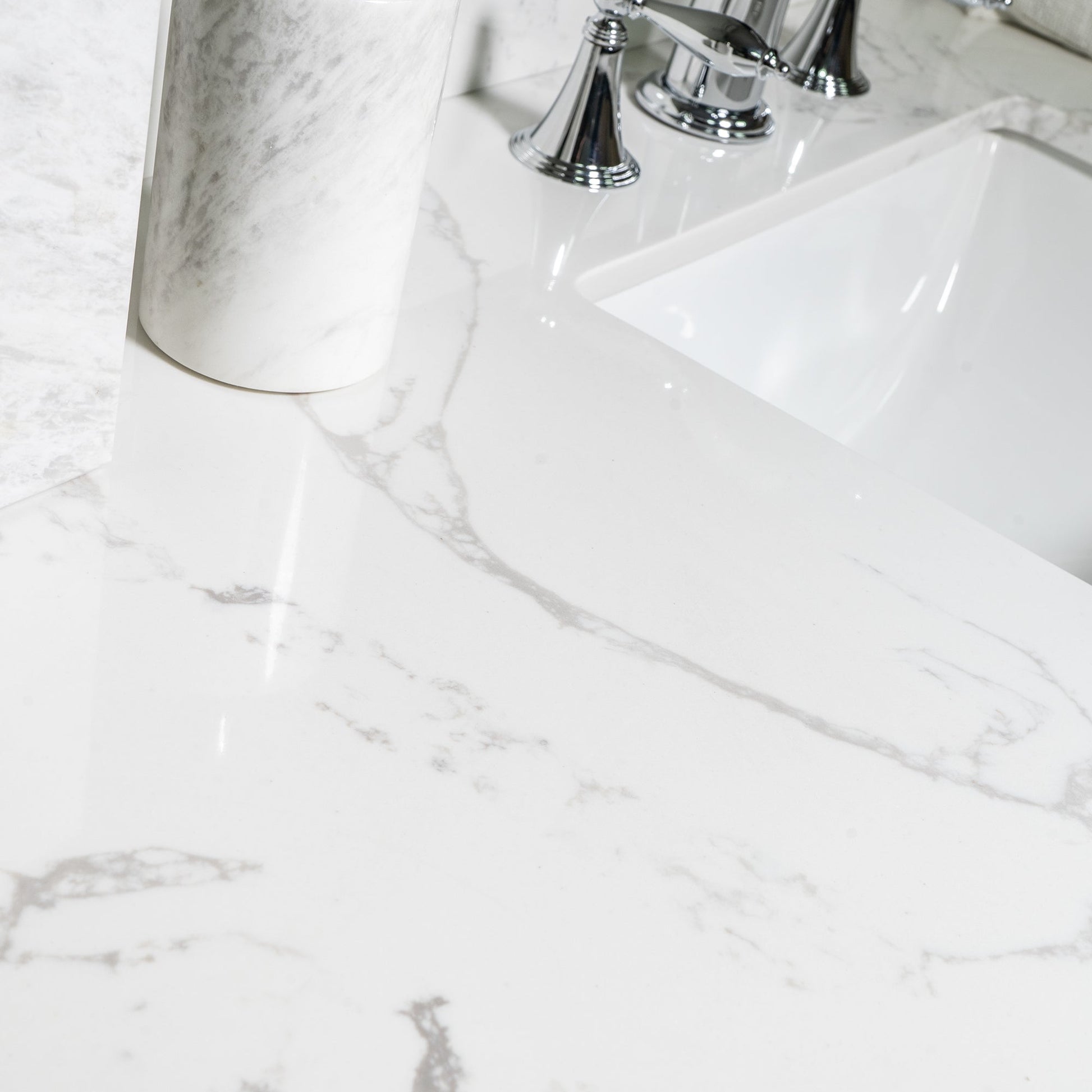 Montary 43x22 Carrara white bathroom vanity top with rectangle ceramic sink and 3 faucet holes on Tampa Home & Garden Store