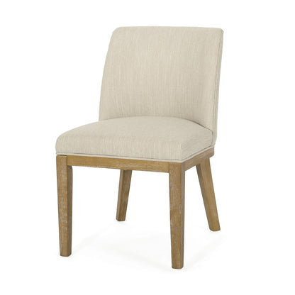 Modern beige fabric dining chair with wooden frame and light wood legs on Tampa Home & Garden Store