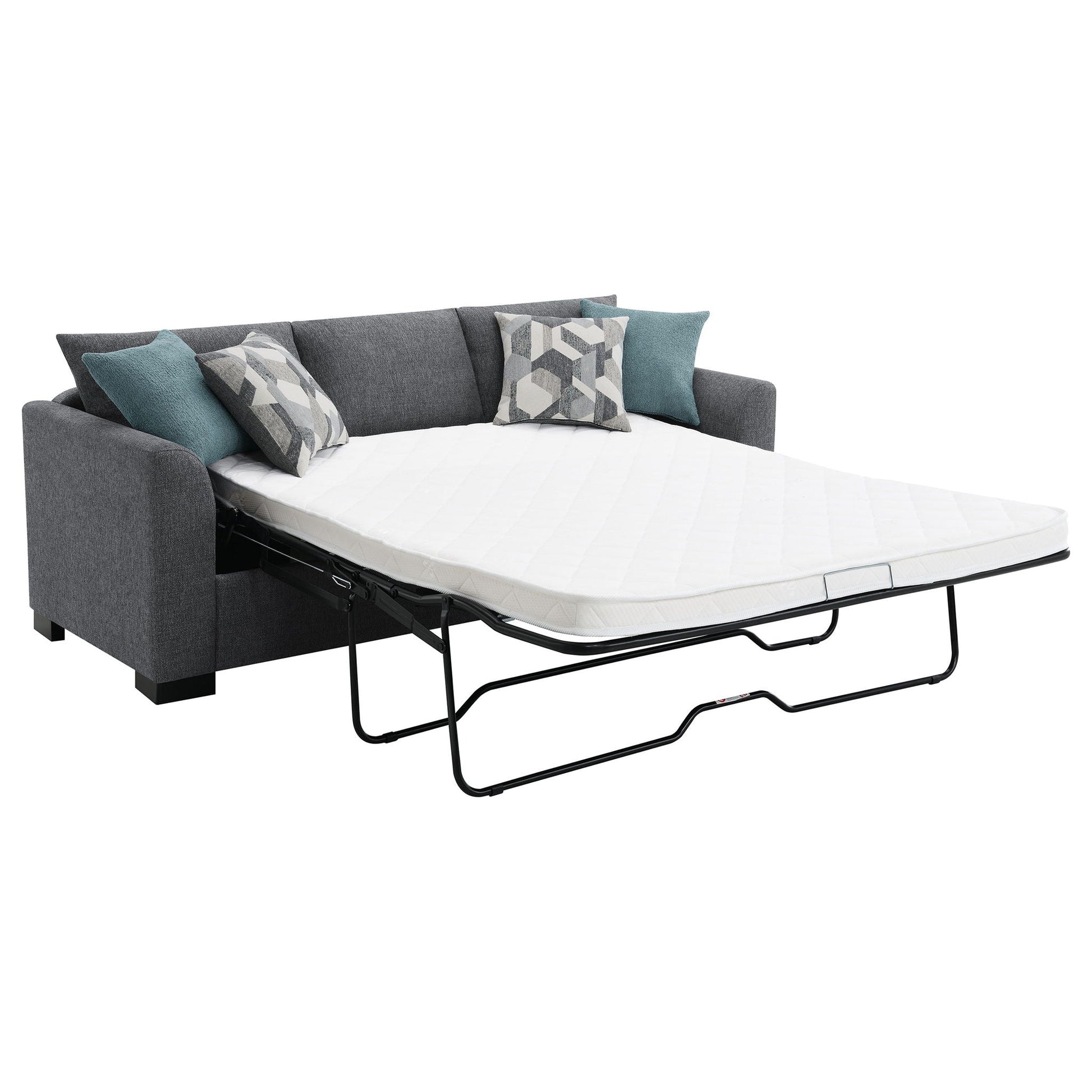 HouseOfZazla Pacheco Sleeper Sofa in dark gray fabric with teal cushions and pull-out mattress on Tampa Home & Garden Store