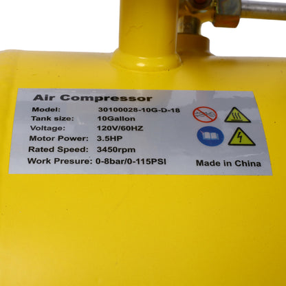 3.5HP portable oil-lubricated air compressor yellow tank with 10 gallon on Tampa Home & Garden Store